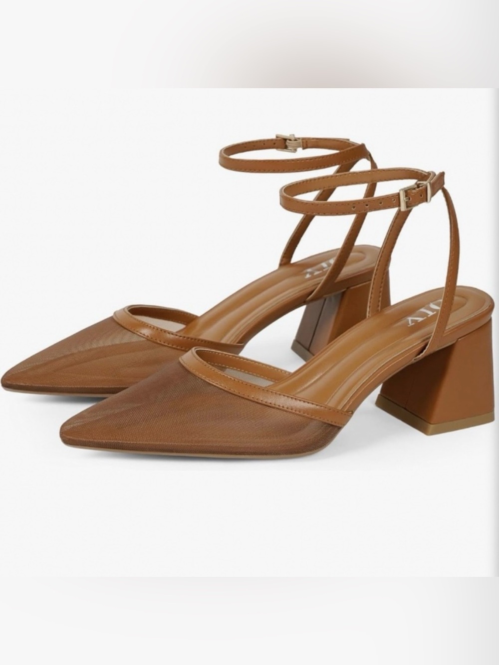 Tan Pointed Mesh Ankle-Strap Block Heel Pumps